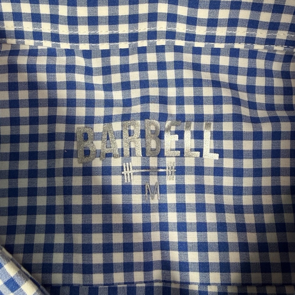 Barbell Shirt Mens Medium Blue White Gingham Short Sleeve Button Front Stretch - Picture 6 of 9